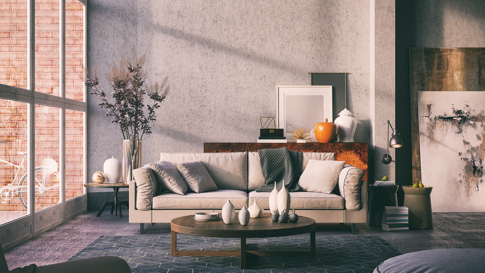 Minimalist living room with gray wall and sofa